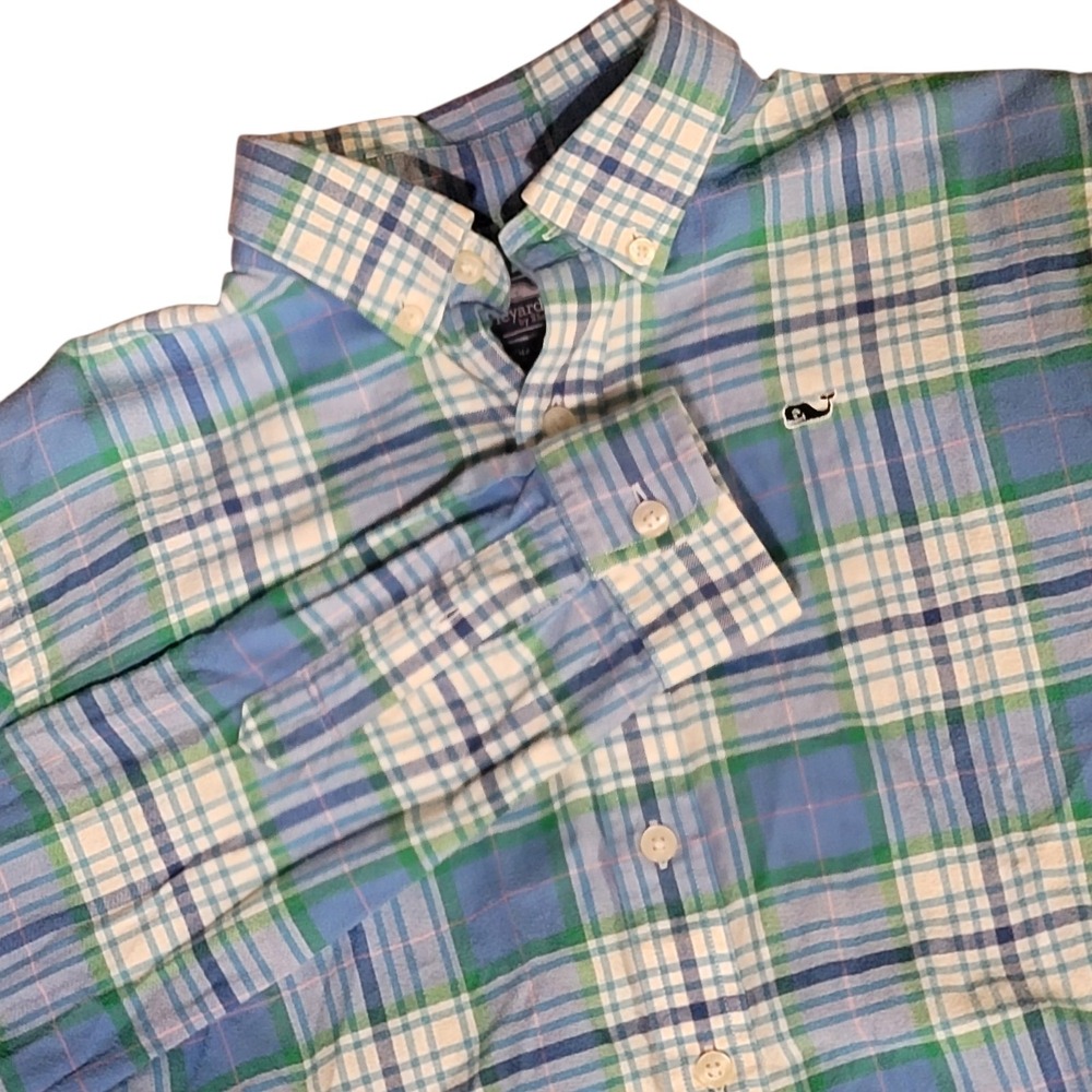 Vineyard Vines Youth L Whale Shirt Button Down Flannel Plaid‎ Long Sleeve Blue
